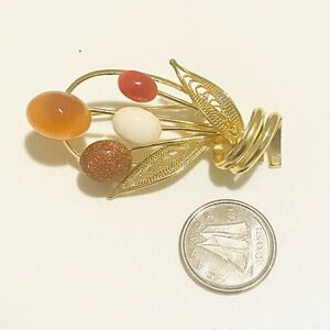 Vintage Gold Filigree Brooch Real Cabachon Stones